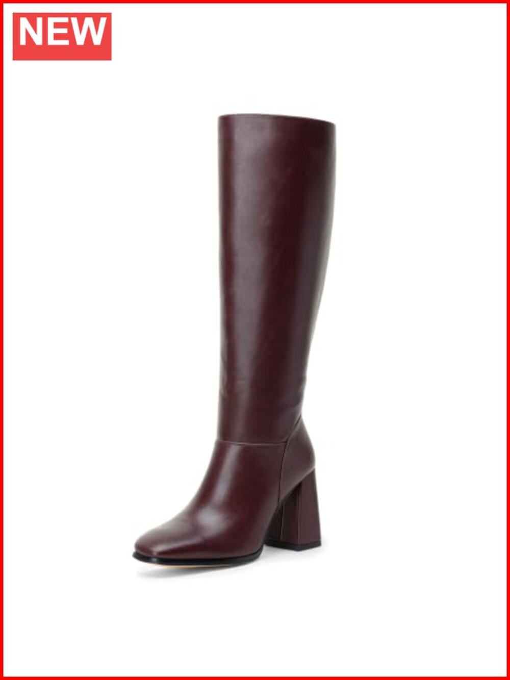 Faux Leather Knee High Boots Square Toe Block Heel Side Zip